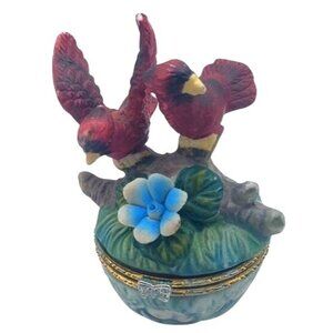 Vintage Red Cardinal Birds Trinket Box Hinged Lid Floral Painted Ceramic